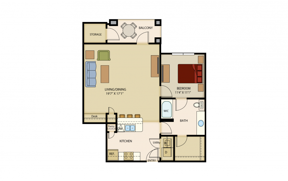 A7 - 1 bedroom floorplan layout with 1 bath and 907 square feet. A7 - 1 bedroom floorplan layout with 1 bath and 907 square feet.