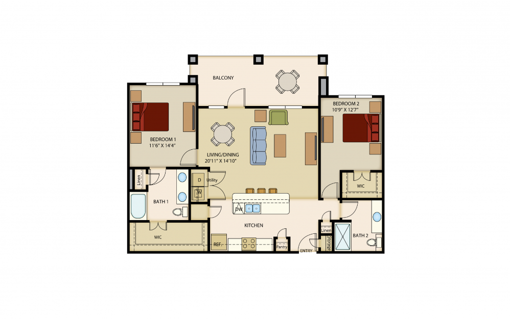 B5 - 2 bedroom floorplan layout with 2 baths and 1229 square feet.