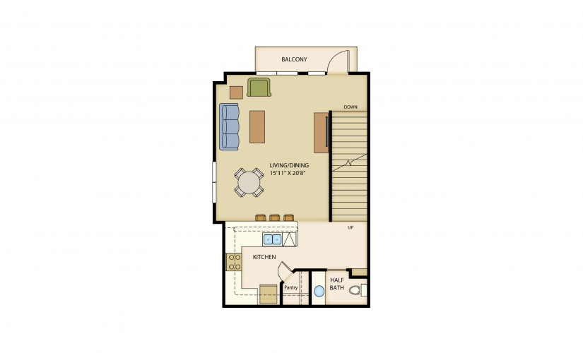 B6a - 2 bedroom floorplan layout with 1.5 bathroom and 1445 square feet