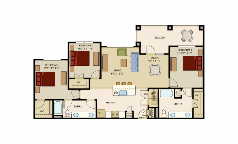 C1 - 3 bedroom floorplan layout with 2 bathrooms and 1380 - 1430 square feet
