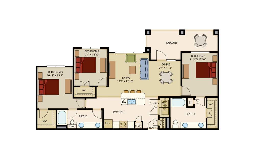 C1 - 3 bedroom floorplan layout with 2 bathrooms and 1380 - 1430 square feet